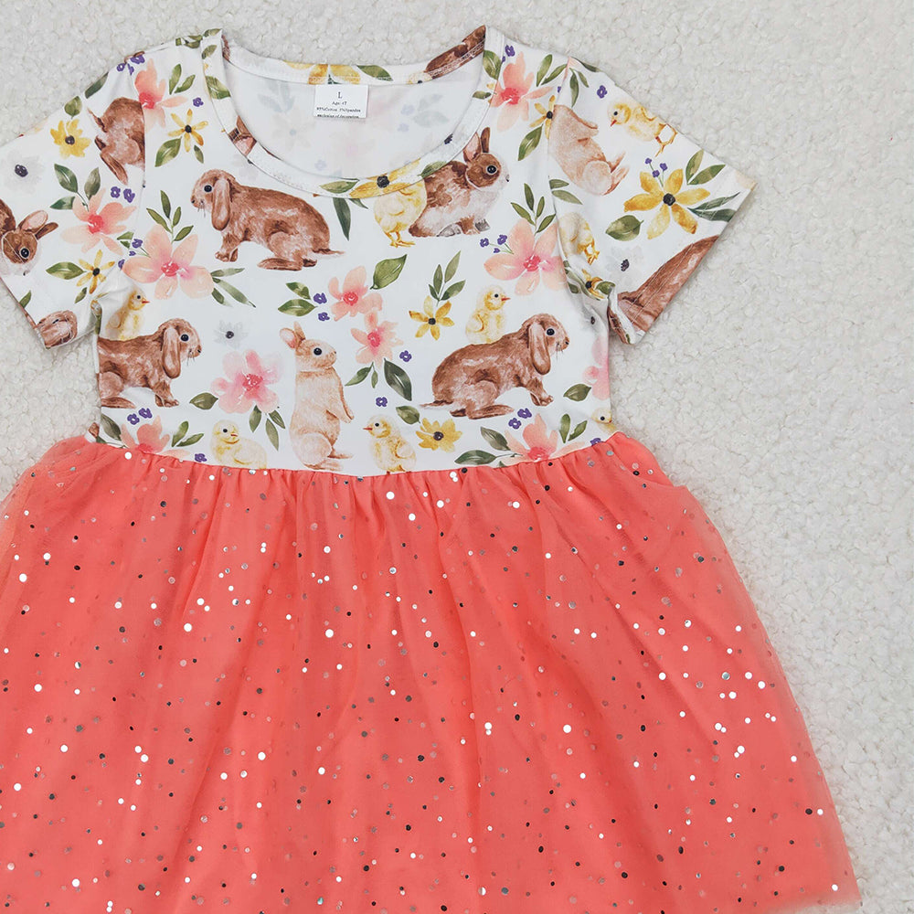 6.16 GSD2445 RTS NO MOQ Baby Girls Summer Dress Flower bunny sequin orange-red tulle short-sleeved dress