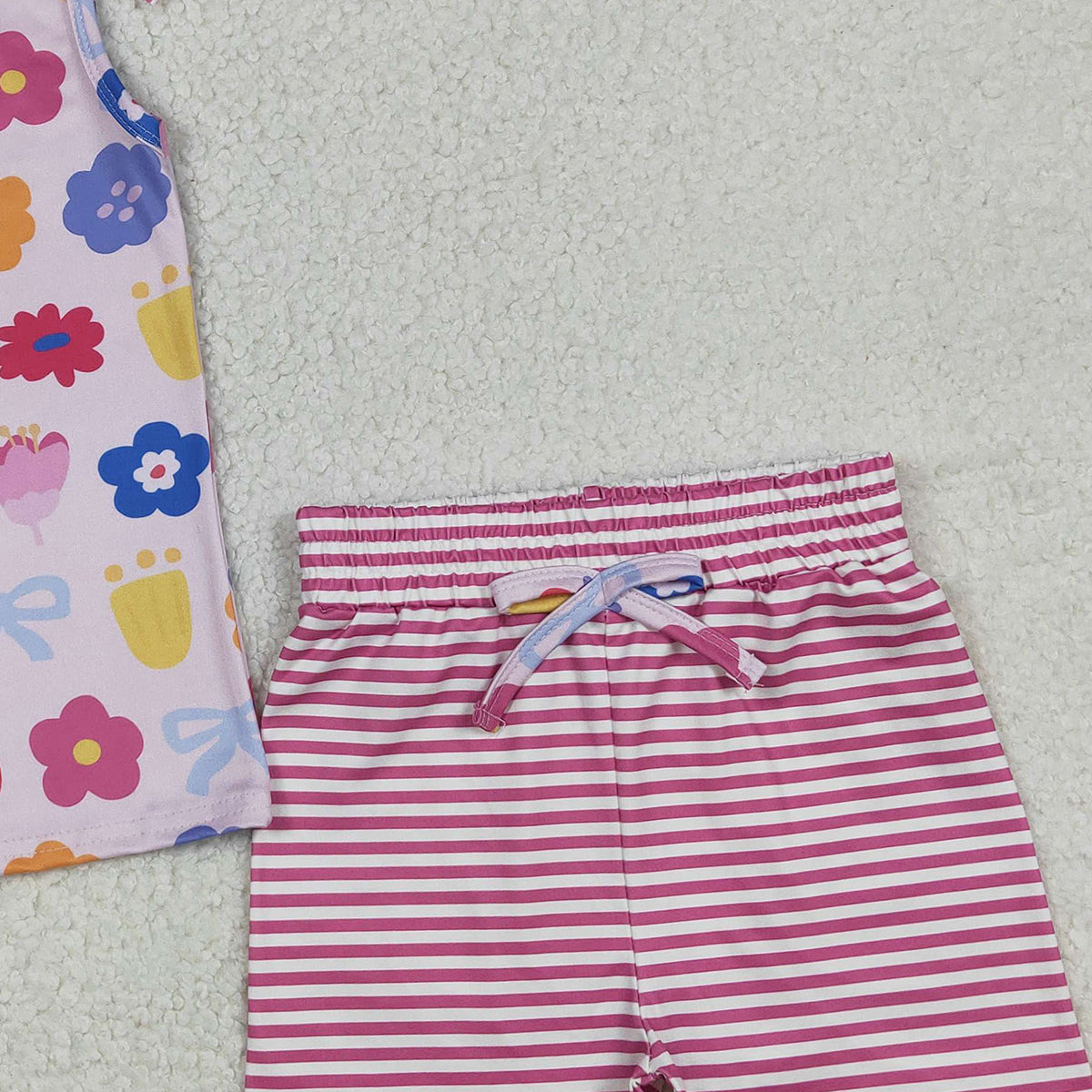 12.4 RTS NO MOQ (In stock)GSSO2830 Baby Girls Colorful Flowers Button Top Stripe Shorts Clothes Sets