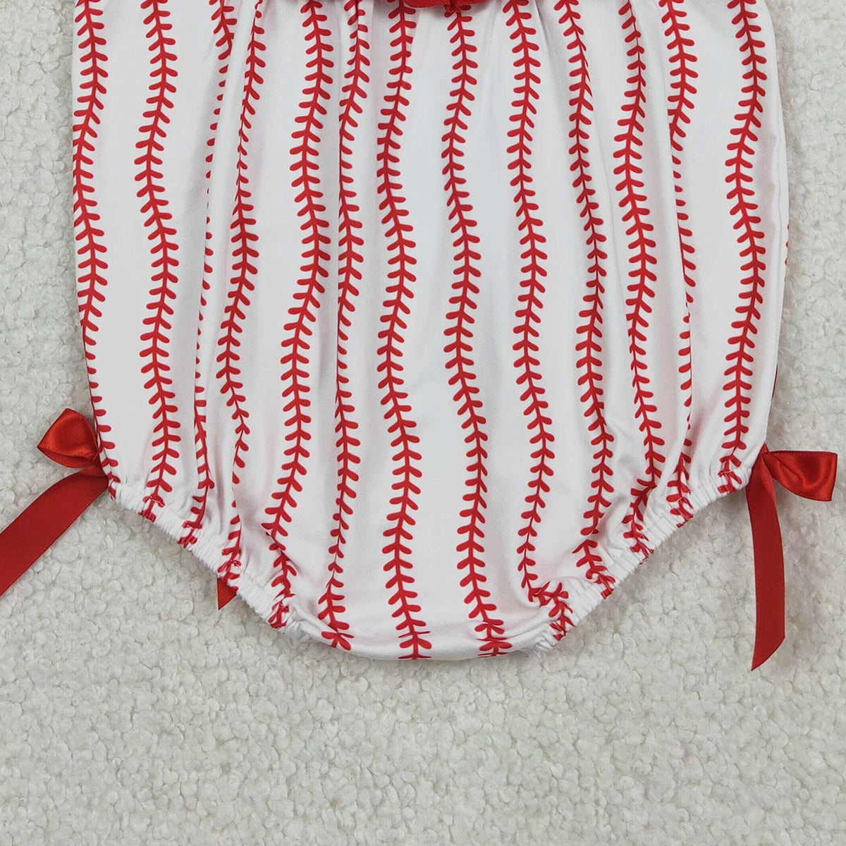 12.25 RTS NO MOQ (In stock)SR3345 Smocked Baseballs Bows Baby Girls Red Stripe Team Ruffle Rompers