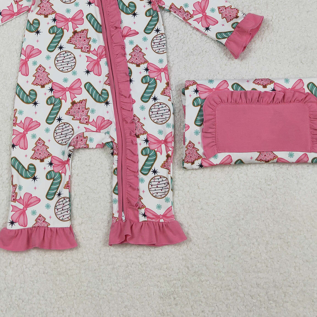 10.18 RTS NO MOQ (In stock)LR2486 Baby Girls Winter Rompers Baby Girls Candy Cane Trees Christmas Ruffle Zipper Footie Rompers