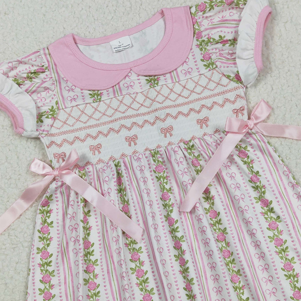 RTS NO MOQ (In stock)GSD2717 Baby Girls Summer Dress Smocked Embroidery Bows Baby Girls Flowers Stripe Knee Length Dresses