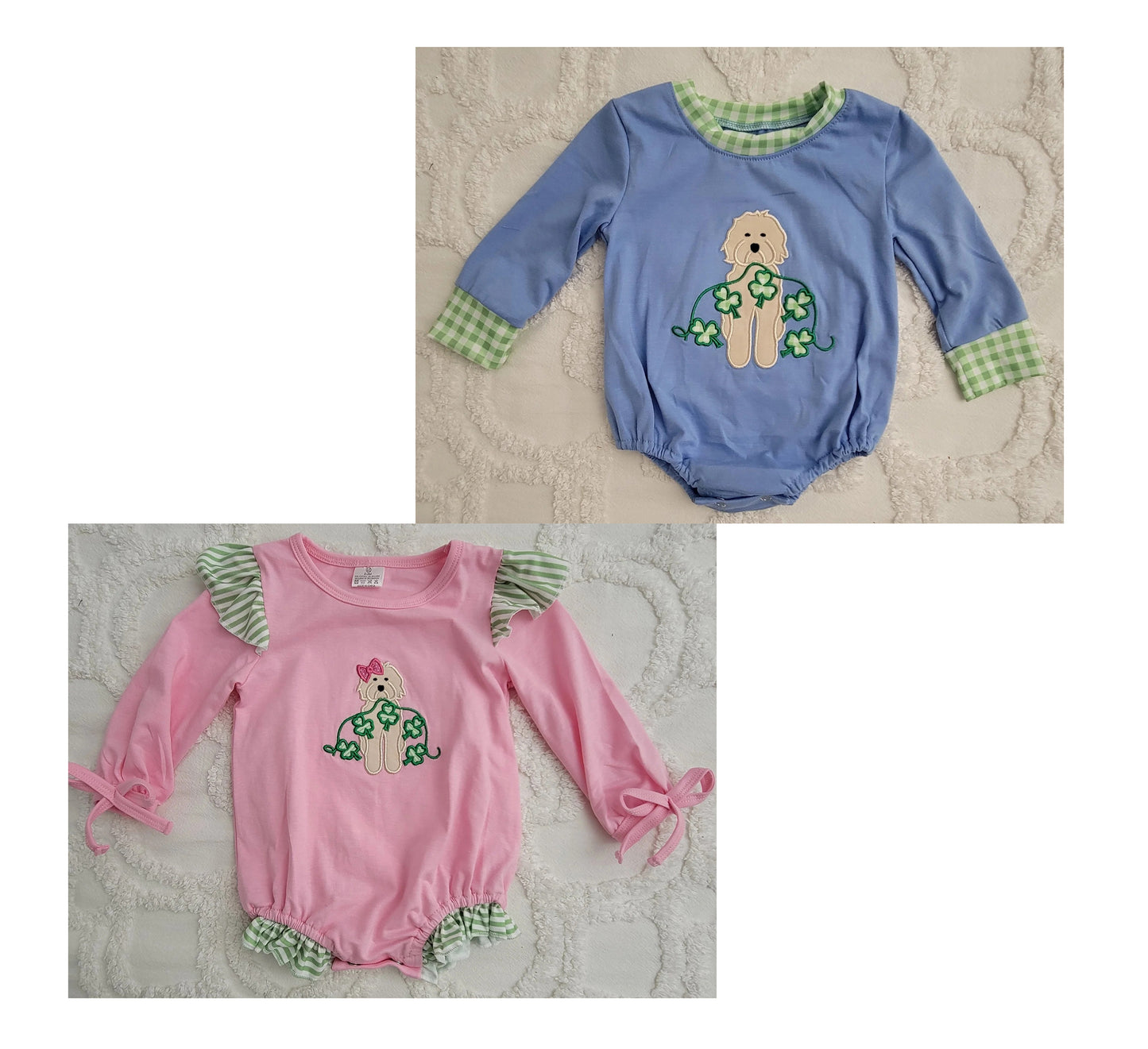 Baby Girls St. Patrick's Dog Clover Onesie Pre-Order: Pink & Blue