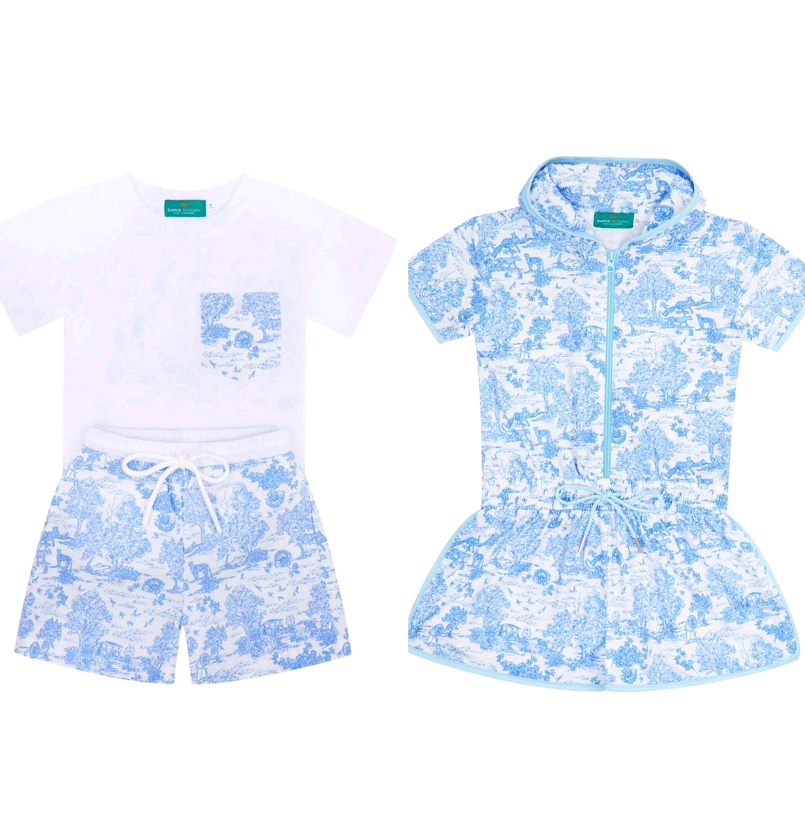Light Blue Print Girls Jacket Skirt Set Short Sleeves Cute Children's Outfit Girls Clothing Combo