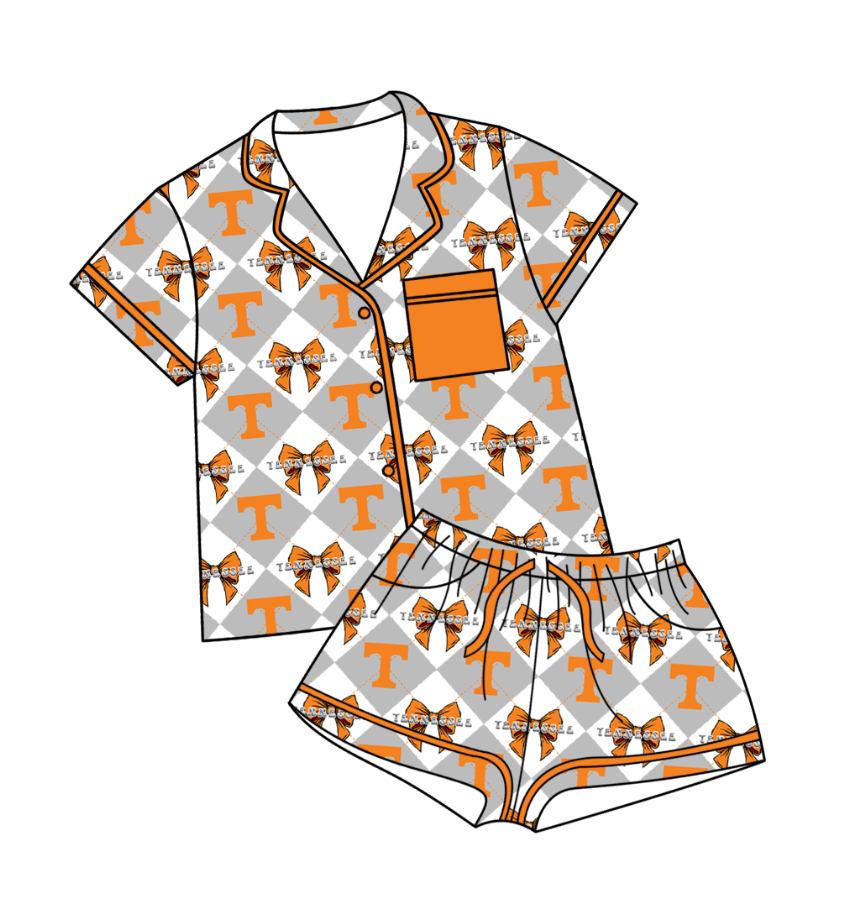 CUSTOM MOQ 5 Baby Girl Clothes Grey Bow Plaid Top Bottom Shorts Pajamas Team Clothes Sets