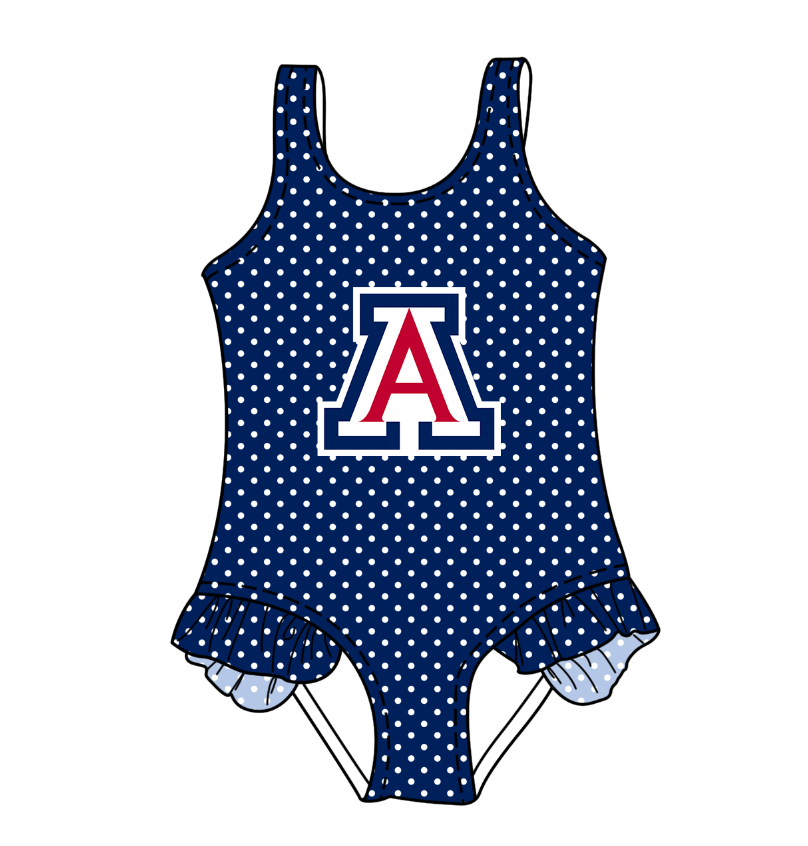 CUSTOM MOQ 5 Cute Comfortable Clothing For Kids Baby Girls Dark Blue A Polka Dots Ruffle Team One Piece Swimsuits
