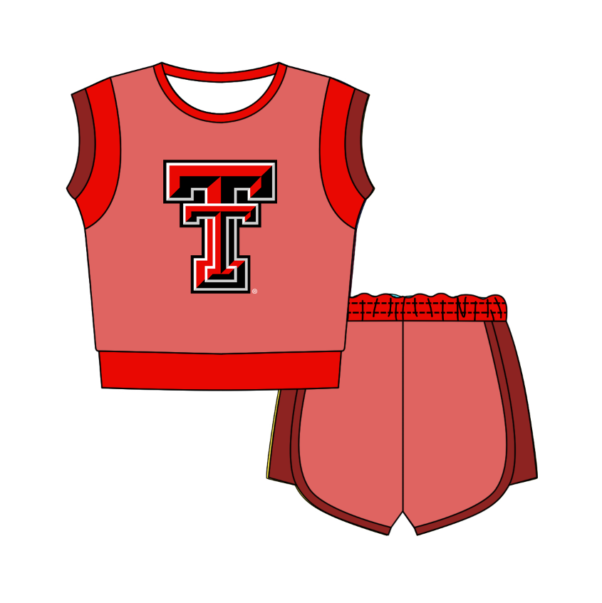 CUSTOM MOQ 5 Cute Comfortable Clothing For Kids Baby Kids Summer Red Pink T Sleeveless Patchwork Top Shorts Clothes Sets