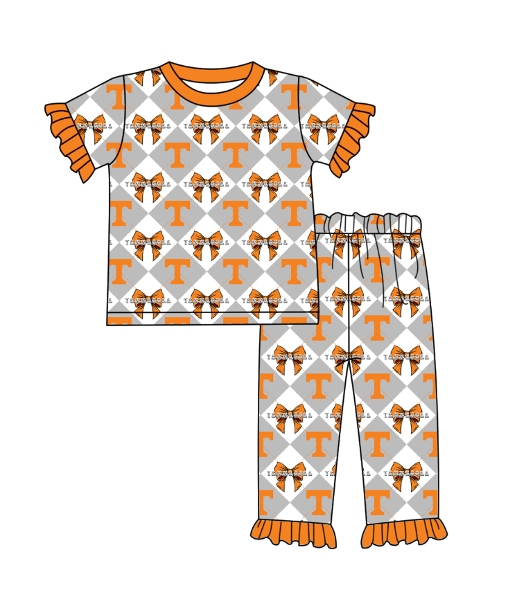 CUSTOM MOQ 5 Baby Girl Clothes Grey Bow Plaid Top Pants Team Pajamas Sets