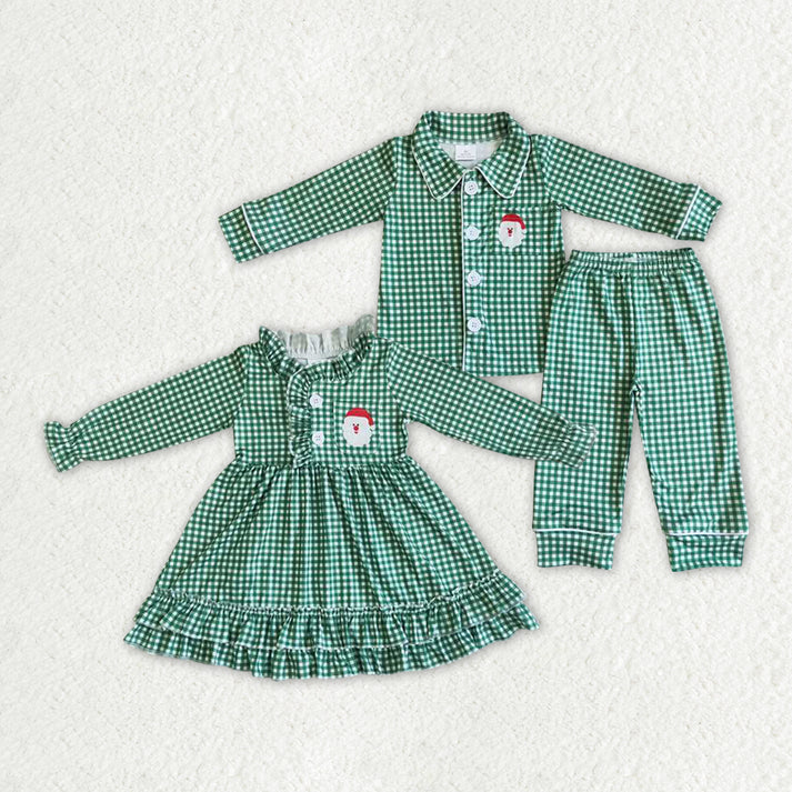 Baby Girls Embroidered Santa Claus Green Plaid Long Sleeve Long Pants Pajama Dress Set