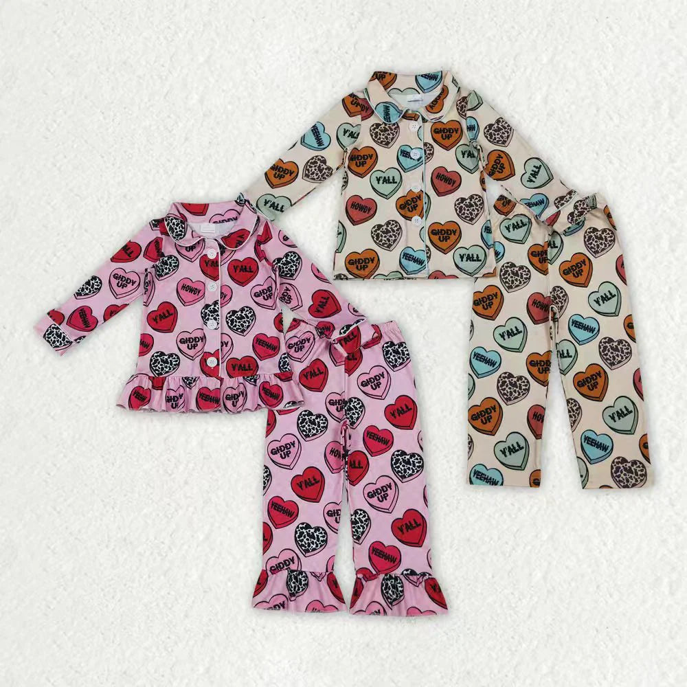 10.23 RTS Sibling Baby Boys Girls Hearts Plaid Button Pants Valentine Pajamas Sets