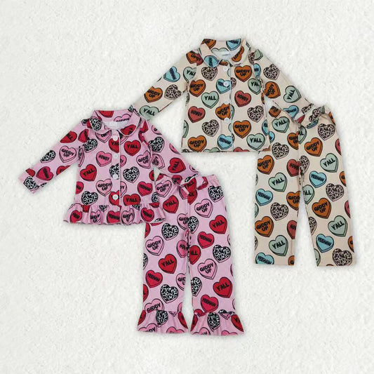 10.23 RTS Sibling Baby Boys Girls Hearts Plaid Button Pants Valentine Pajamas Sets