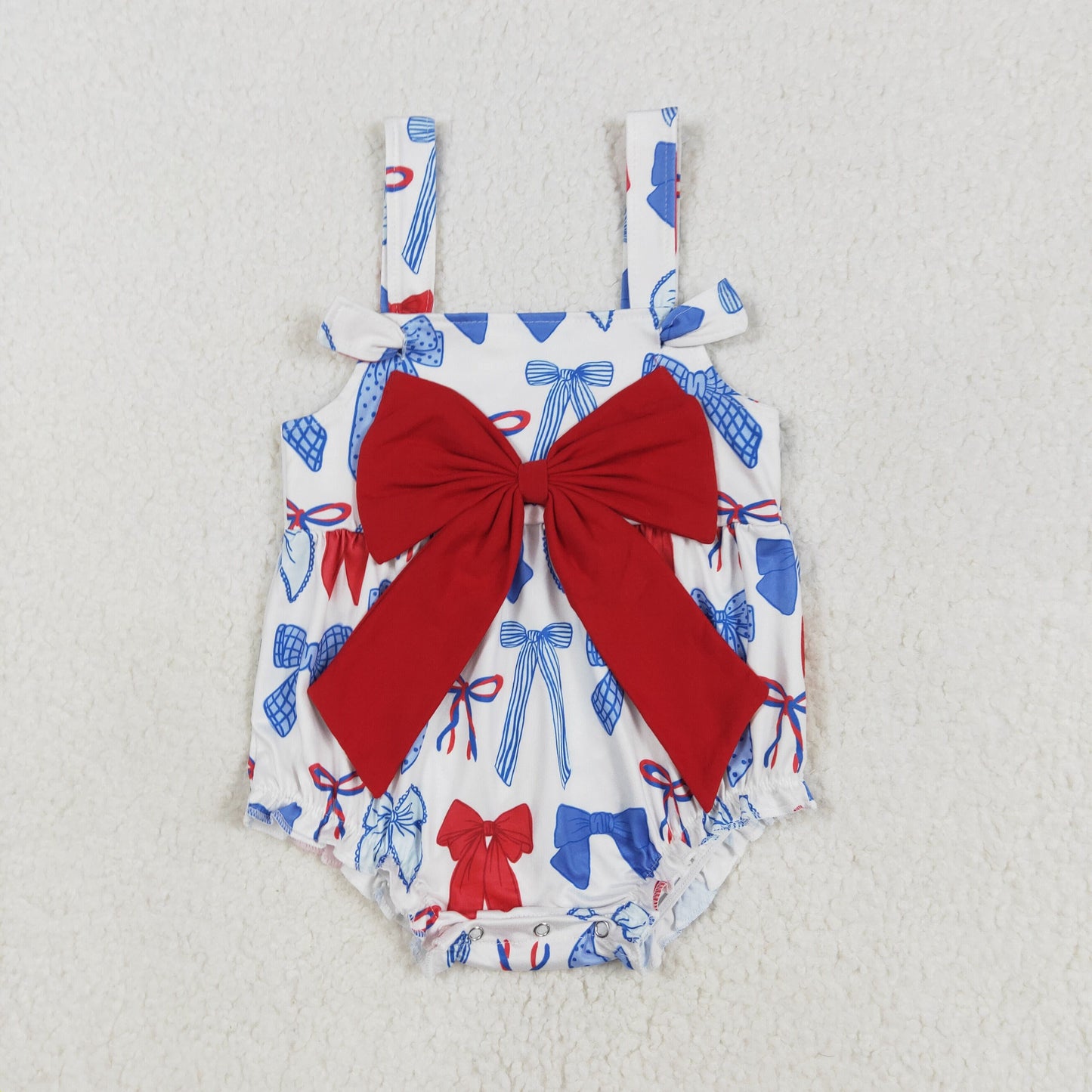 SR2606Baby Girls Red Blue Bow Romper with Straps for 4th of July Patriotic Outfit Infant Clothing