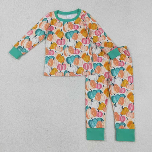 9.20 RTS Sibling Baby Girls Green Orange Pumpkins Fall Pajamas Sets Rompers Knee Length Dresses
