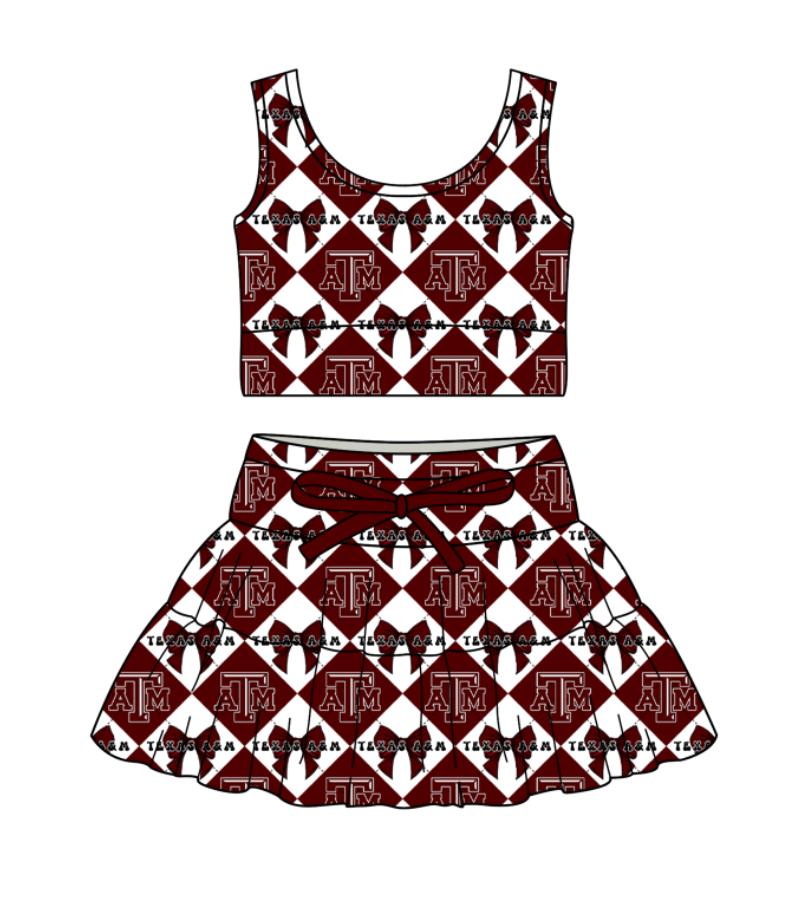 CUSTOM MOQ 5 Baby Girl Clothes Dark Red Bow Plaid Top Skirts Yoga Active Team Clothes Sets