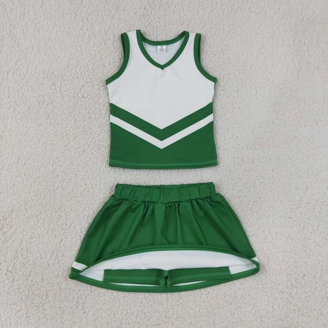 GSD4191 RTS NO MOQ (In stock)Sleeveless white green top skirt girls team cheer active set