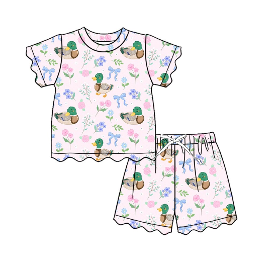 GSSO3737 Pre order No Moq No Moq Baby Girls Duck Flower Bow Top Scallop Trim Casual Shorts Outfit
