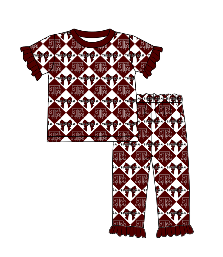 CUSTOM MOQ 5 Baby Girl Clothes Dark Red Bow Plaid Top Pants Team Pajamas Sets
