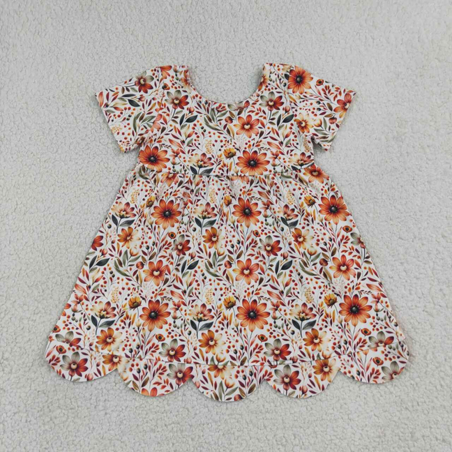 GSD4155 RTS NO MOQ (In stock)Baby Girls Sunflower Print Scallop Trim Fall Knee Length Dresses