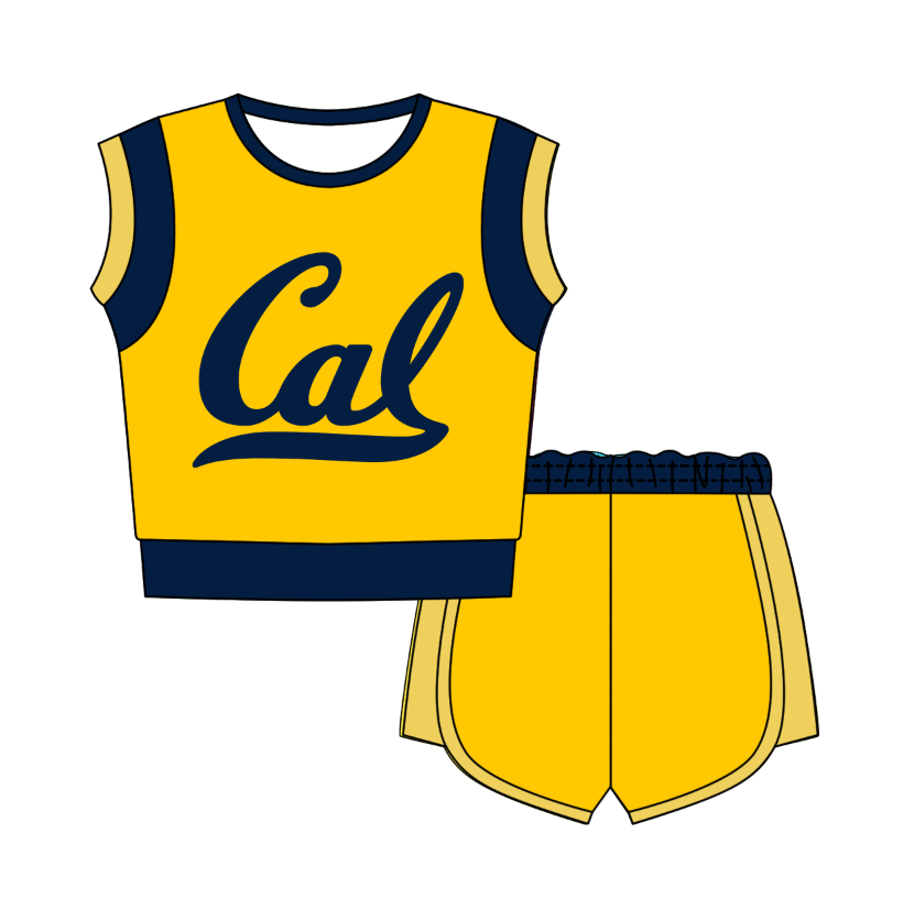 CUSTOM MOQ 5 Cute Comfortable Clothing For Kids Baby Kids Summer Golden Blue Sleeveless Patchwork Top Lace-up Shorts Clothes Sets