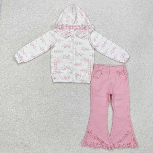 White bow hooded jacket pink jeans girls clothing