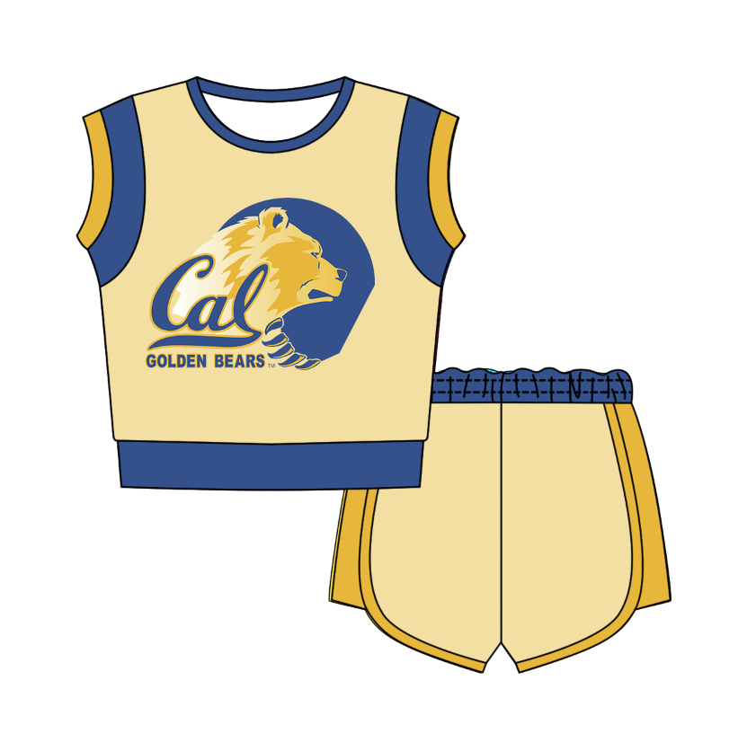 CUSTOM MOQ 5 Cute Comfortable Clothing For Kids Baby Kids Summer Beige Blue Sleeveless Patchwork Top Lace-up Shorts Clothes Sets
