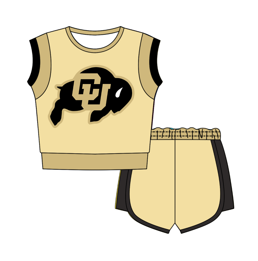 CUSTOM MOQ 5 Cute Comfortable Clothing For Kids Baby Kids Summer Beige Sleeveless Patchwork Top Lace-up Shorts Clothes Sets