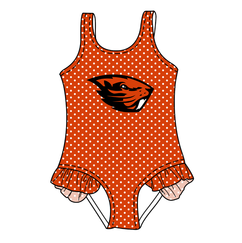 CUSTOM MOQ 5 Cute Comfortable Clothing For Kids Summer Baby Girls Orange Polka Dots Ruffle Team One Piece Swimsuits
