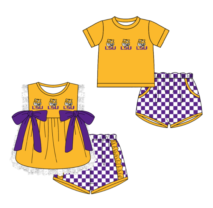 CUSTOM MOQ 5 Cute Comfortable Clothing For Kids Sibling Boys Baby Girls Summer Yellow Tiger Top Checked Shorts Team Clothes Sets
