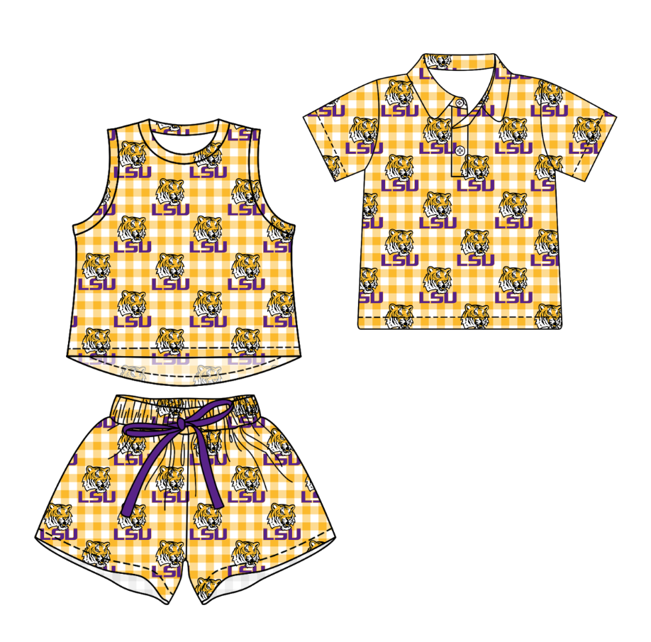 3.13 CUSTOM MOQ 5 Sibling Boys Baby Girls Summer Fashion Yellow Check Purple LSU Sleeveless Top Shorts Button Polo Shirts Team Clothes Sets