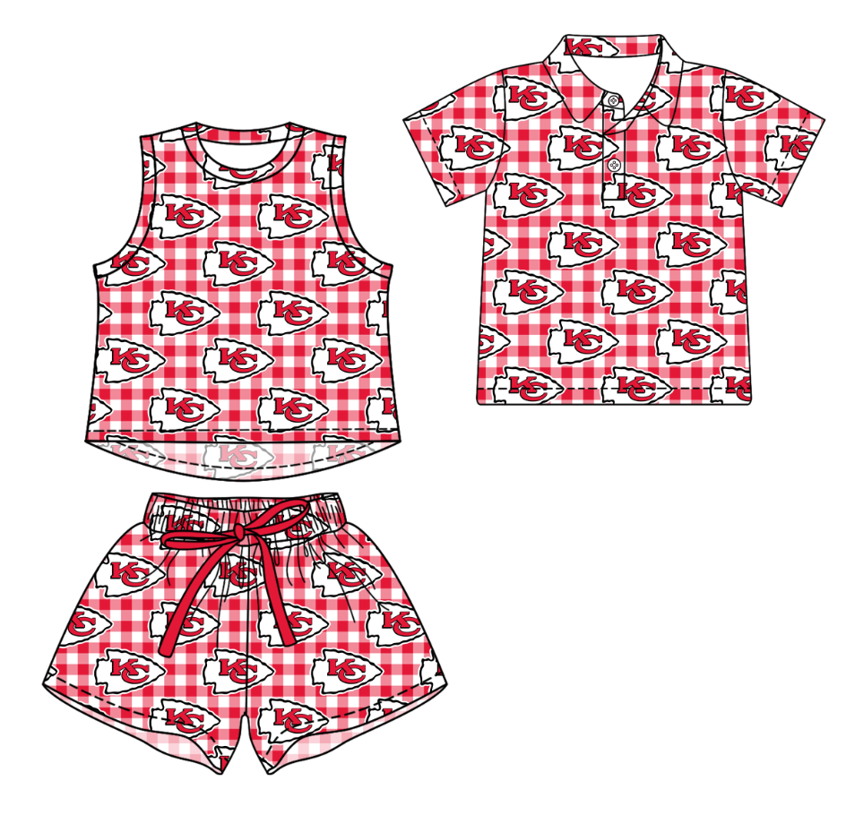 3.16 CUSTOM MOQ 5 Sibling Boys Baby Girls Summer Fashion Red Check Sleeveless Top Shorts Button Polo Shirts Team Clothes Sets