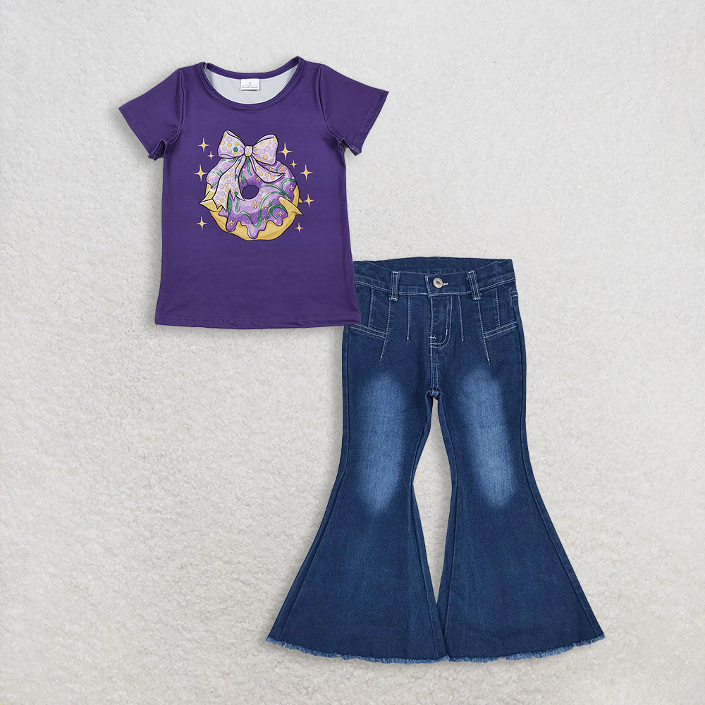 3.3 RTS NO MOQ (In stock)GT1252 + P0457 Baby Girls Purple Short Sleeve Bow Donuts Mardigras Tee Shirts Top Denim Jeans Pants Clothes Sets
