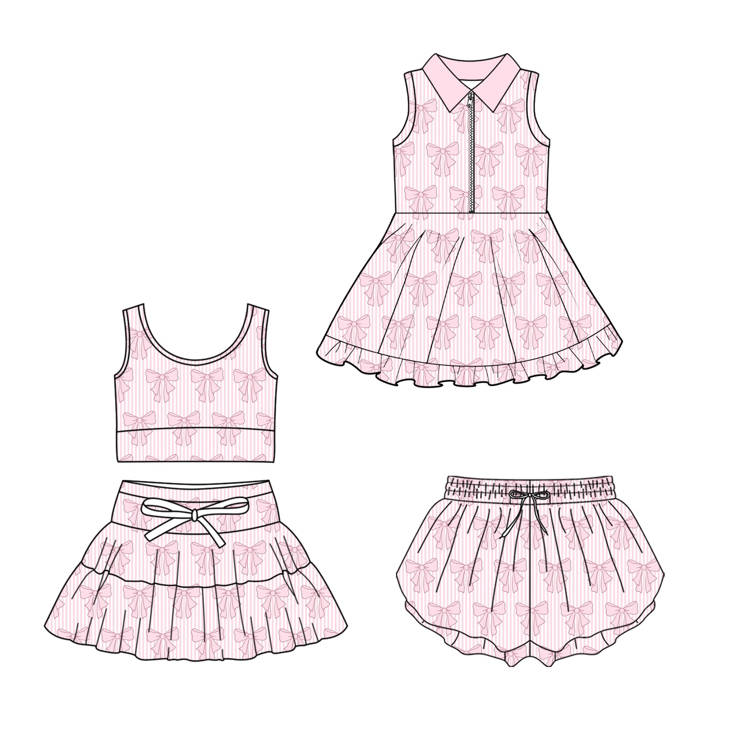 CUSTOM MOQ 5 Sibling Baby Girls Pink Bow Sleeveless Skirt Yoga Active Knee Length Dresses Shorts Clothes Sets