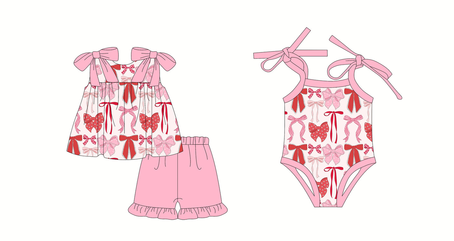 Girls Pink Straps Heart Bow Tunic Ruffle Shorts Outfit Cute Feminine Children's Clothing Set