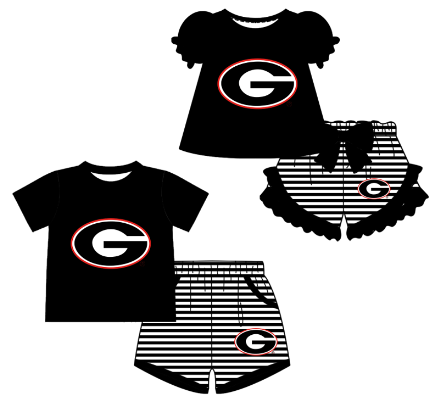 CUSTOM MOQ 5 Sibling Boys Baby Girls Black Top Stripe Shorts Clothes Sets