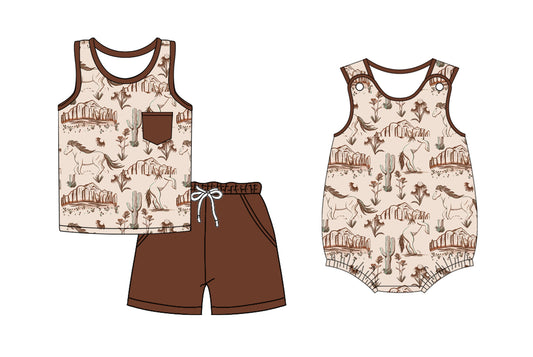 Western Boys Set Sleeveless Top with Horse Cactus Pocket Matching Shorts Casual Country Style Children's Outfit
