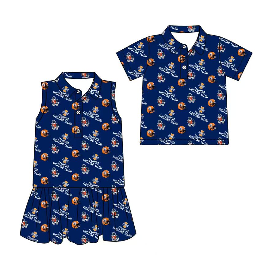 3.17 CUSTOM MOQ 5 Sibling Boys Baby Girls Summer Fashion Short Sleeve Dark Blue Button Polo Shirts Sleeveless Dress Team Clothes Sets