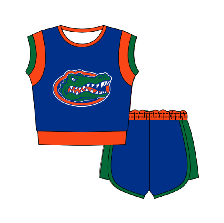 CUSTOM MOQ 5 Cute Comfortable Clothing For Kids Baby Kids Summer Blue Sleeveless Patchwork Top Shorts Clothes Sets
