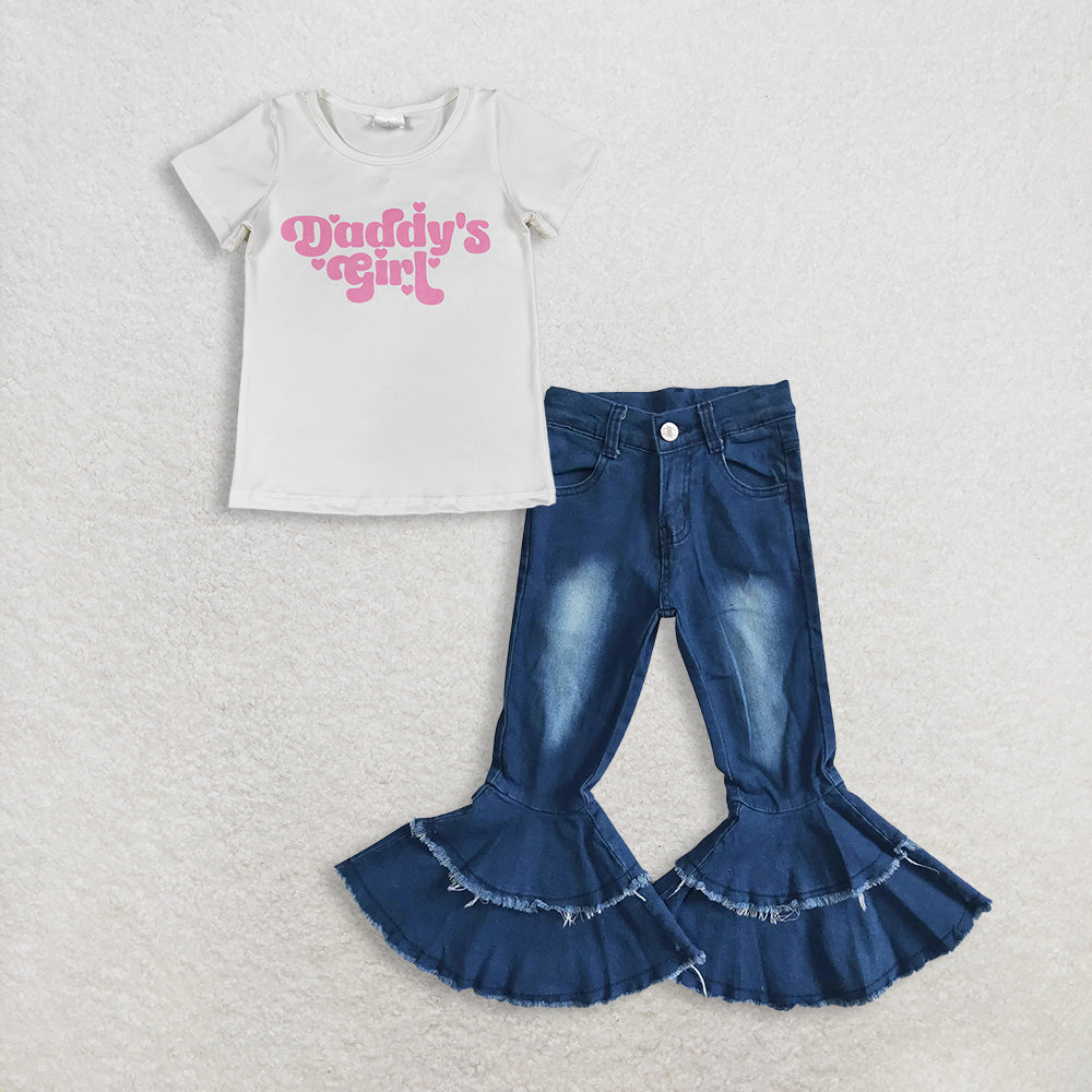 3.2 RTS NO MOQ (In stock)GT1566 + P0003 Baby Girls Summer Daddy's Girls White Shirt Denim Jeans Pants Clothes Sets