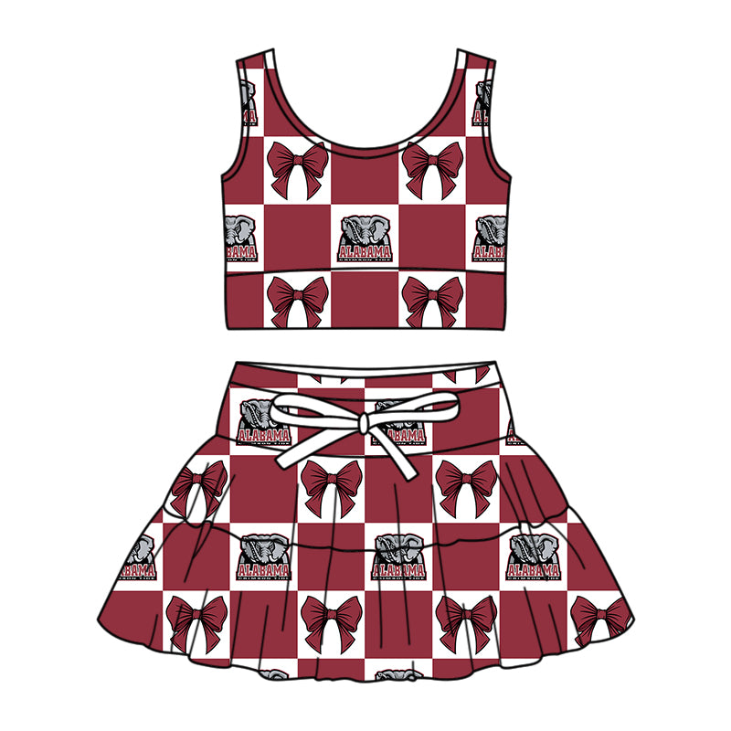 CUSTOM MOQ 5 Kids Clothing for Girls Baby Girls Clothes Red Bow Plaid Top Skirts Yoga Active Team Clothes Sets