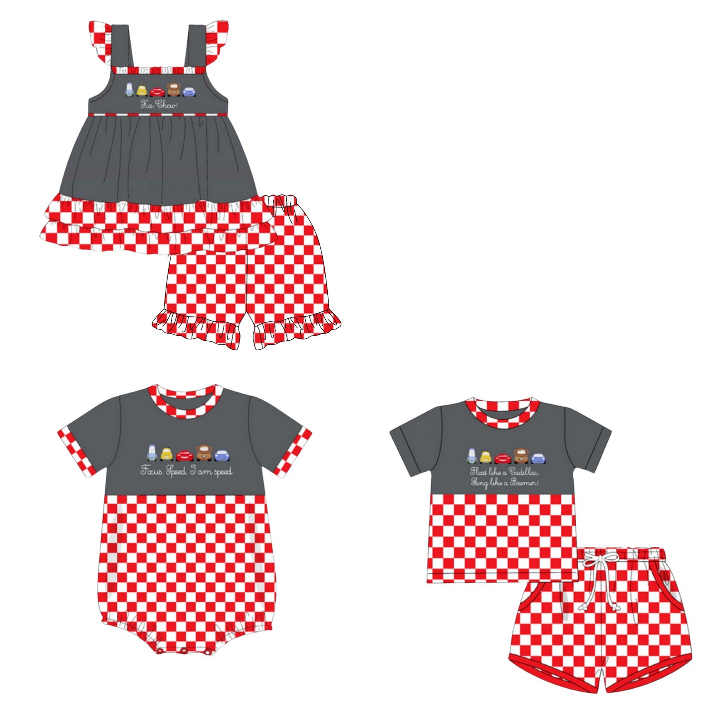 5.16 Pre order Girls Clothing Set with Flutter Sleeves Cars Tunic And Plaid Shorts Outfit for Kids