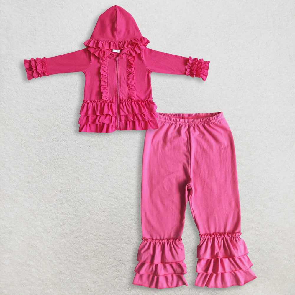 11.1 RTS NO MOQ (In stock)GT0020 + B4-12 Baby girls ruffle pink jackets cardigans cotton triple ruffle pants