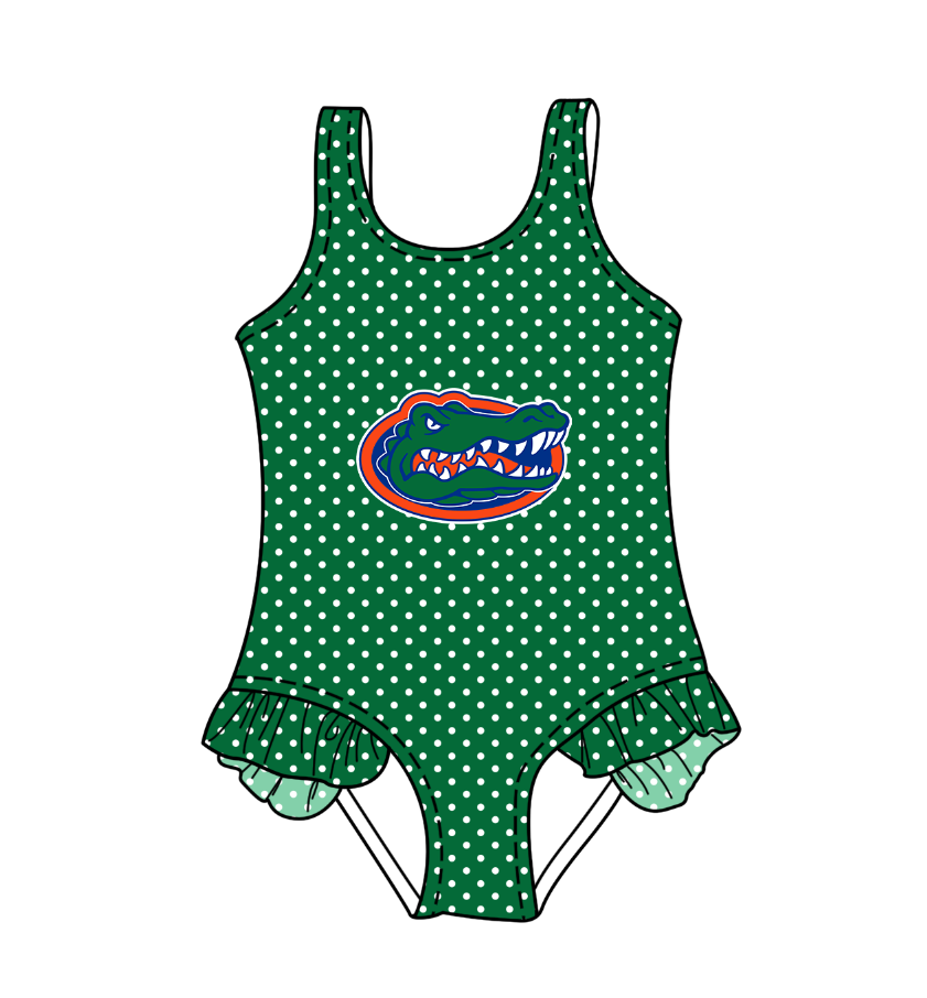 CUSTOM MOQ 5 Cute Comfortable Clothing For Kids Baby Girls Green Crocodile Polka Dots Ruffle Team One Piece Swimsuits