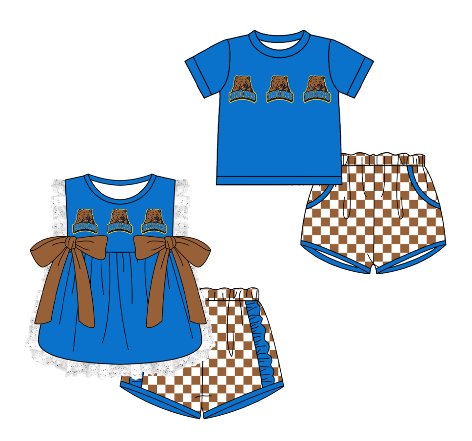 CUSTOM MOQ 5 Cute Comfortable Clothing For Kids Sibling Boys Baby Girls Summer Blue Bow Top Brown Checked Shorts Team Clothes Sets