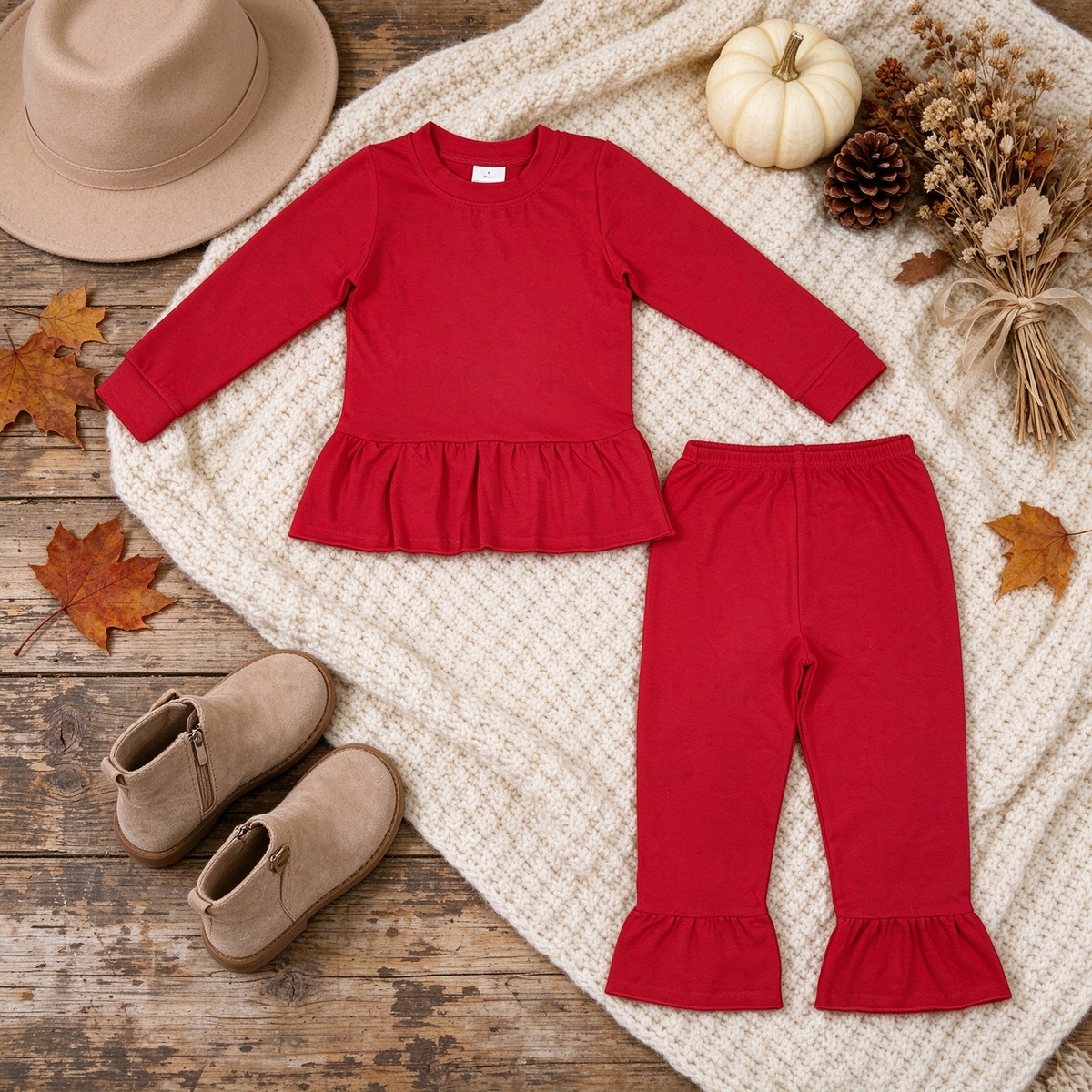 RTS NO MOQ (In stock)cotton GLP3749 Baby Girls Red Long Sleeve Tunic Ruffle Pant Set