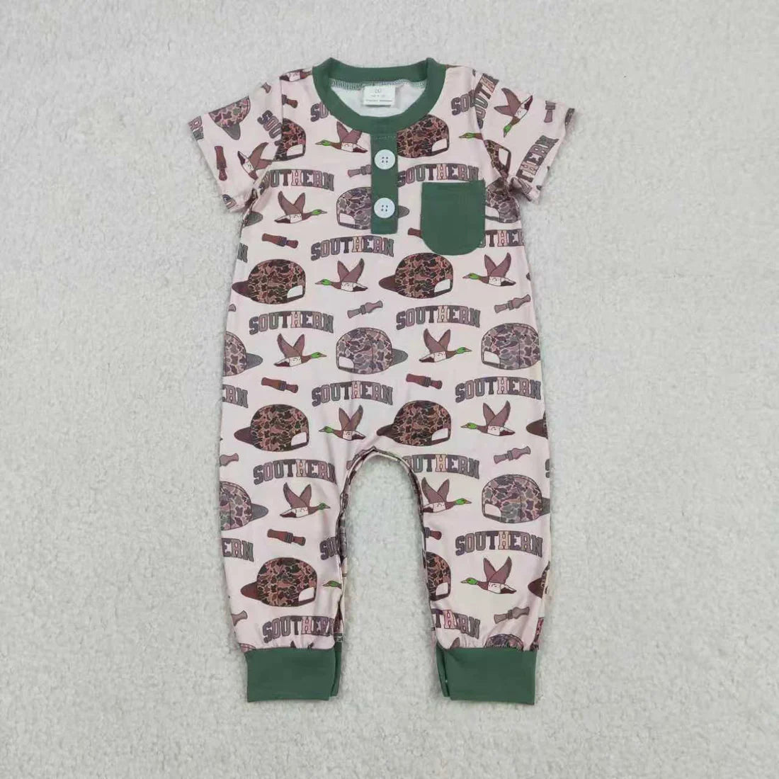 12.23 RTS Sibling Baby Boys Camo Hats Ducks Top Pants Southern Pajamas Set Zipper Rompers