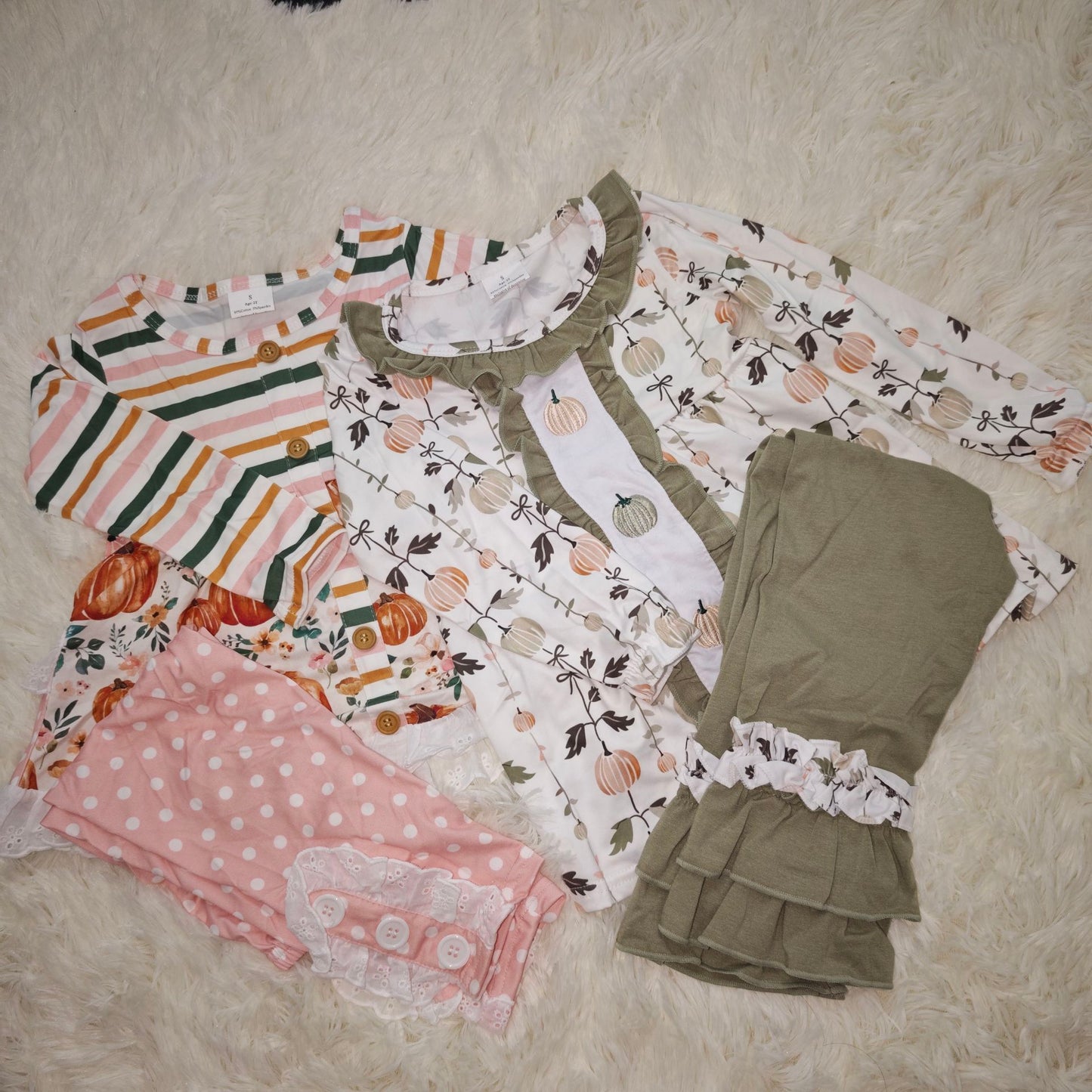 10.16 RTS Sibling Baby Girls Pumpkins Tunic Leggings Bell Bottom Pant Clothes Sets