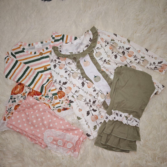 10.16 RTS Sibling Baby Girls Pumpkins Tunic Leggings Bell Bottom Pant Clothes Sets