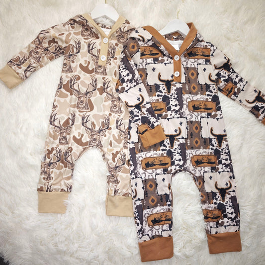10.21 RTS Sibling Baby Boys Aztec Bull Skull Western Footie Rompers