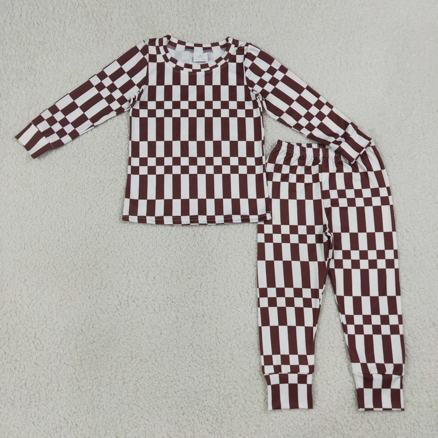 BLP1479 RTS NO MOQ (In stock)Baby Boys Maroon Check Long Sleeve Top Pants Sleep Pajamas Set