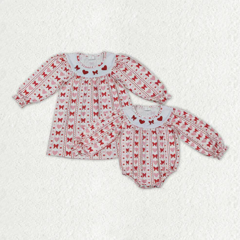 10.16 RTS Sibling Embroidery Hearts Bows Baby Girls Valentine Knee Length Dresses Ruffle Rompers
