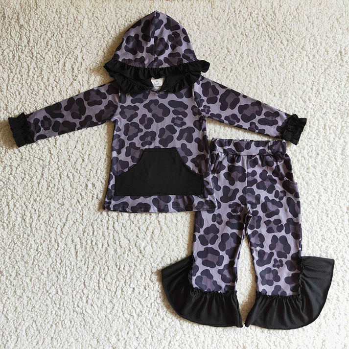 Baby Girls Lace Leopard Pocket Hooded Pullover Long Sleeve Pants Set